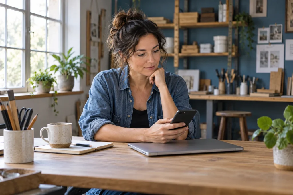 Adult woman considering a phone beside a closed laptop in a workshop office; AI-generated illustration, not a customer or product test