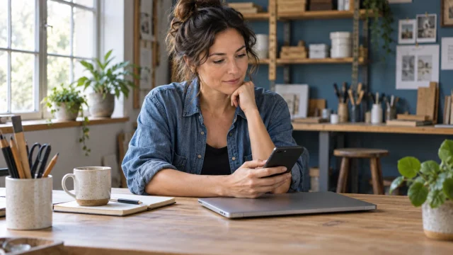 Adult woman considering a phone beside a closed laptop in a workshop office; AI-generated illustration, not a customer or product test