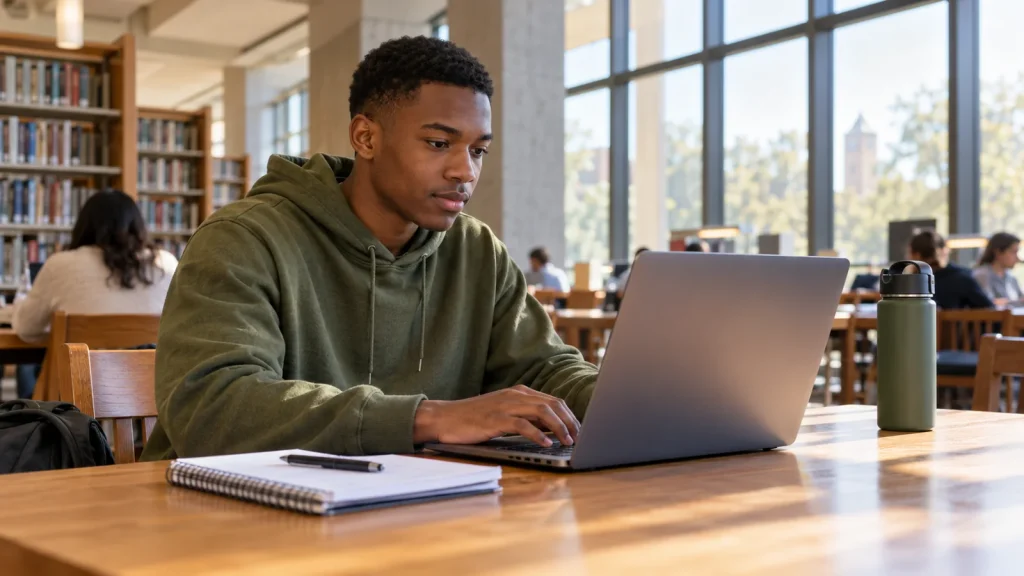 Black male student using a budget laptop in a campus library
