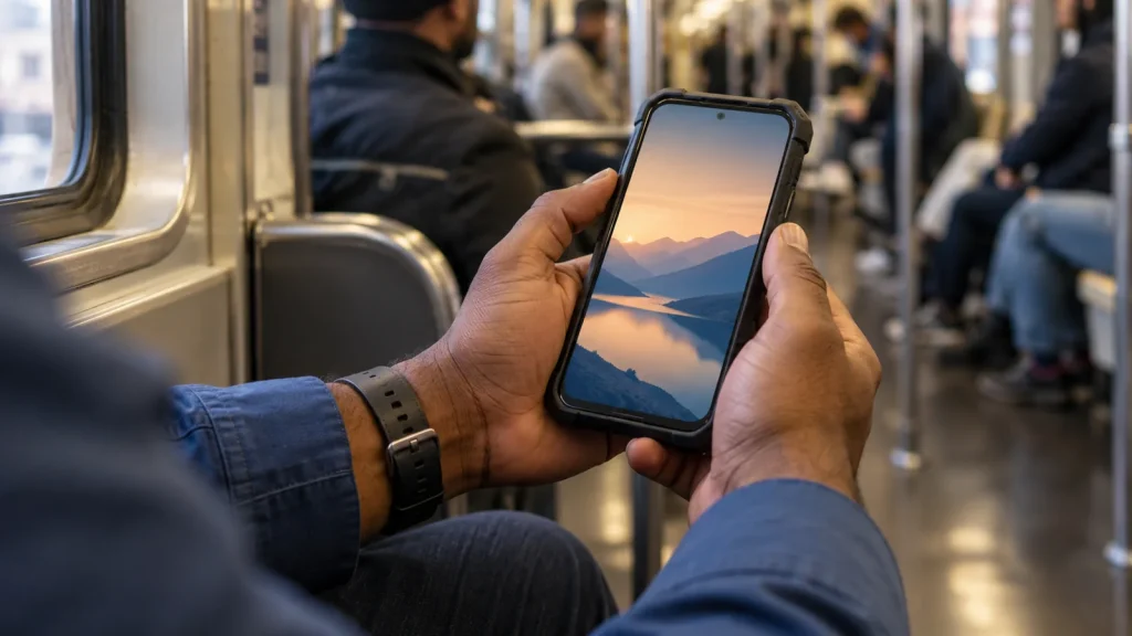Brown-skinned hands using an Android-style phone on a subway