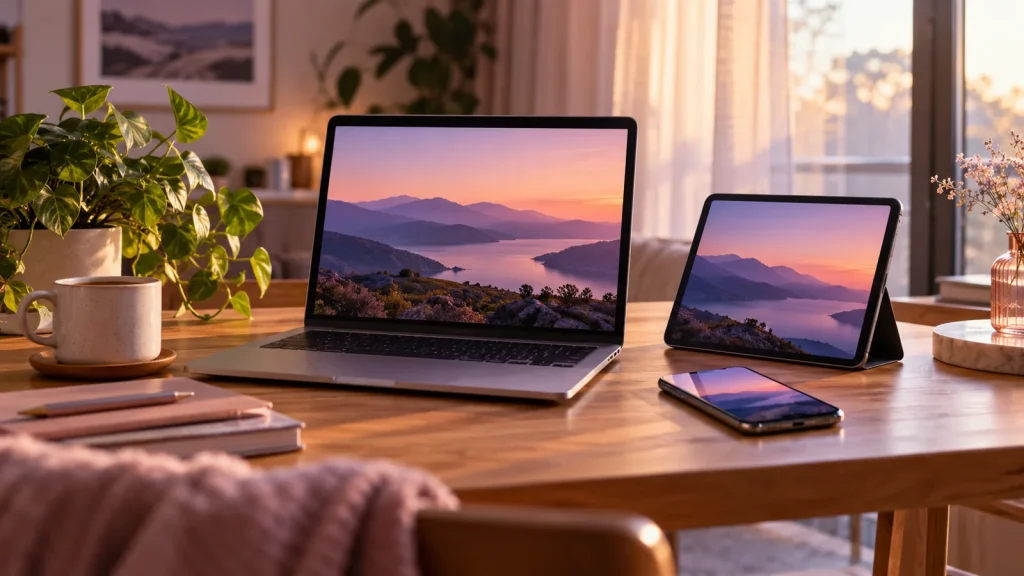 Laptop, tablet and phone together on a sunlit home desk