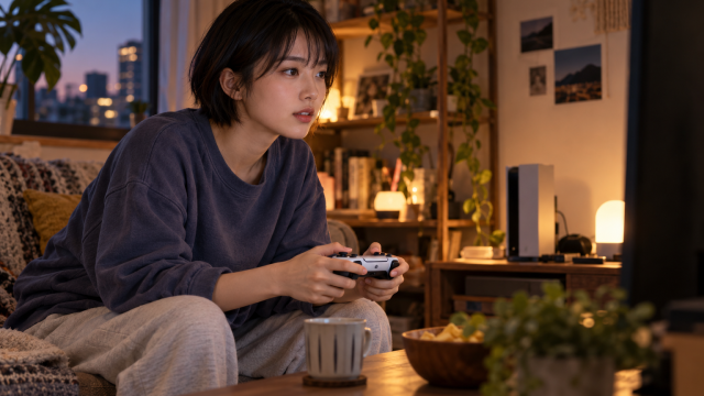 Gamer holding a controller at a home gaming setup