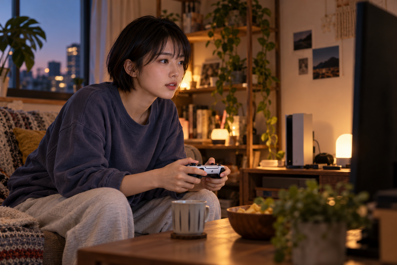 Gamer holding a controller at a home gaming setup