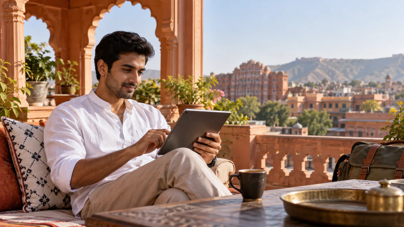 Indian freelancer using a tablet on a Jaipur rooftop terrace