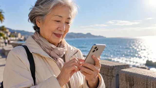 Elderly East Asian woman using a smartphone beside the sea