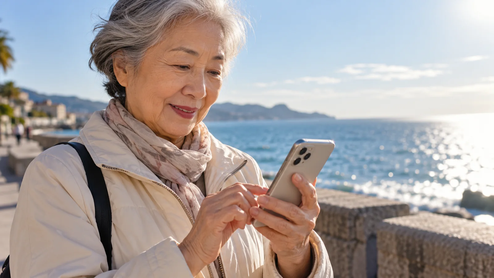 Elderly East Asian woman using a smartphone beside the sea