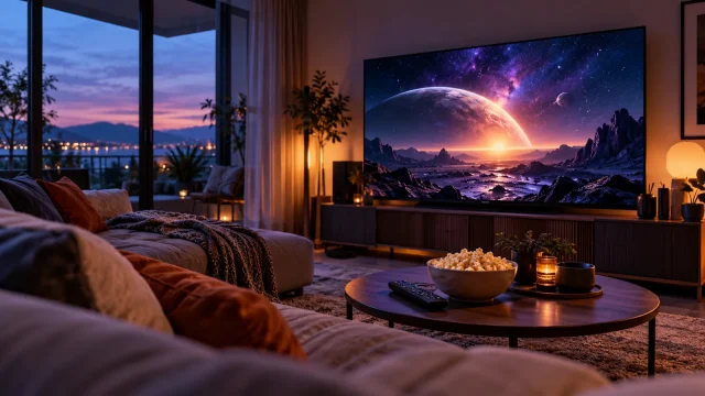 Home cinema with a space scene on television and popcorn on the table