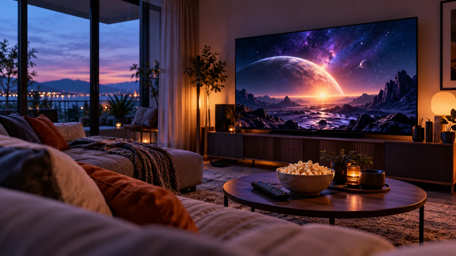 Home cinema with a space scene on television and popcorn on the table