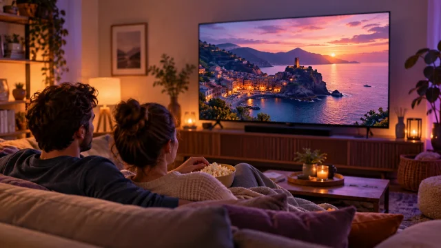 Two people watching a travel film in a comfortable living room