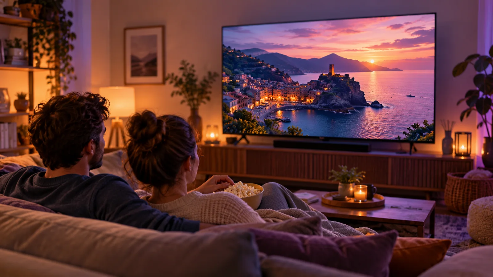 Two people watching a travel film in a comfortable living room