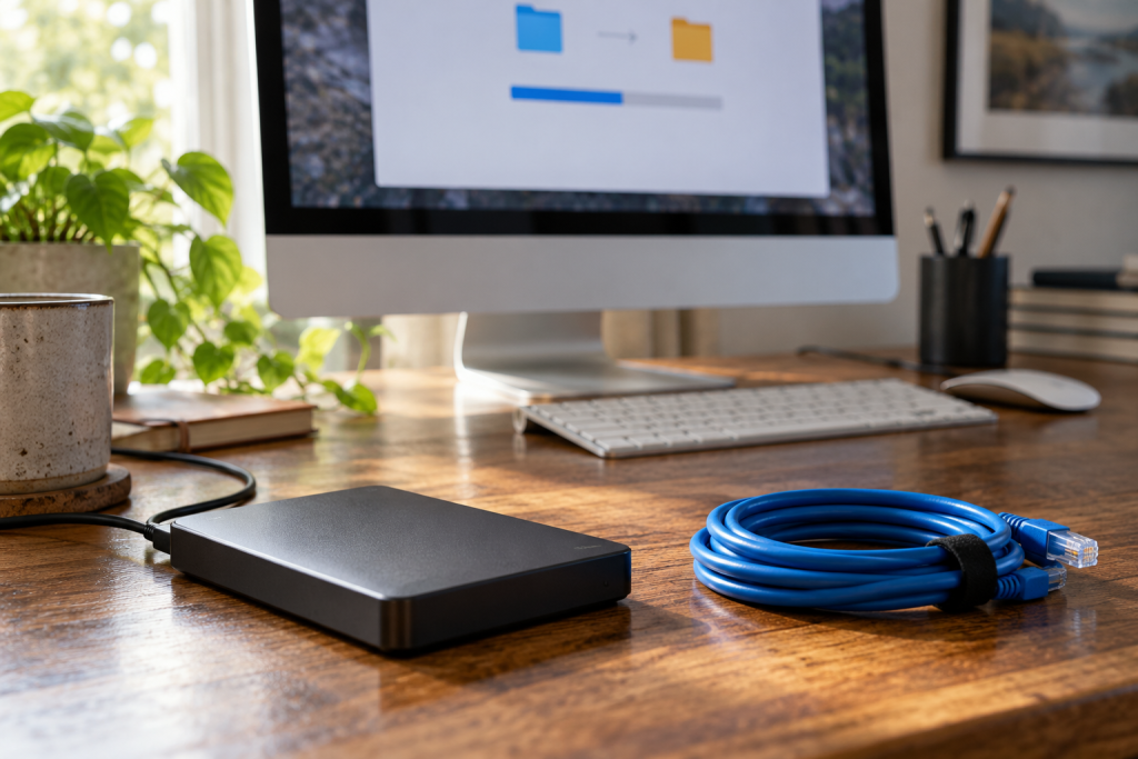Computer and external storage drive arranged for a legitimate file-transfer workflow