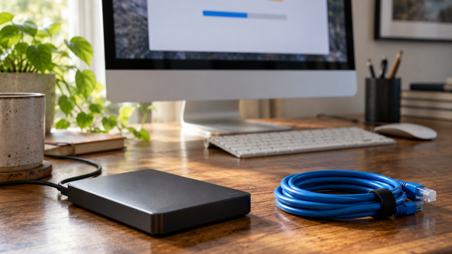 Computer and external storage drive arranged for a legitimate file-transfer workflow