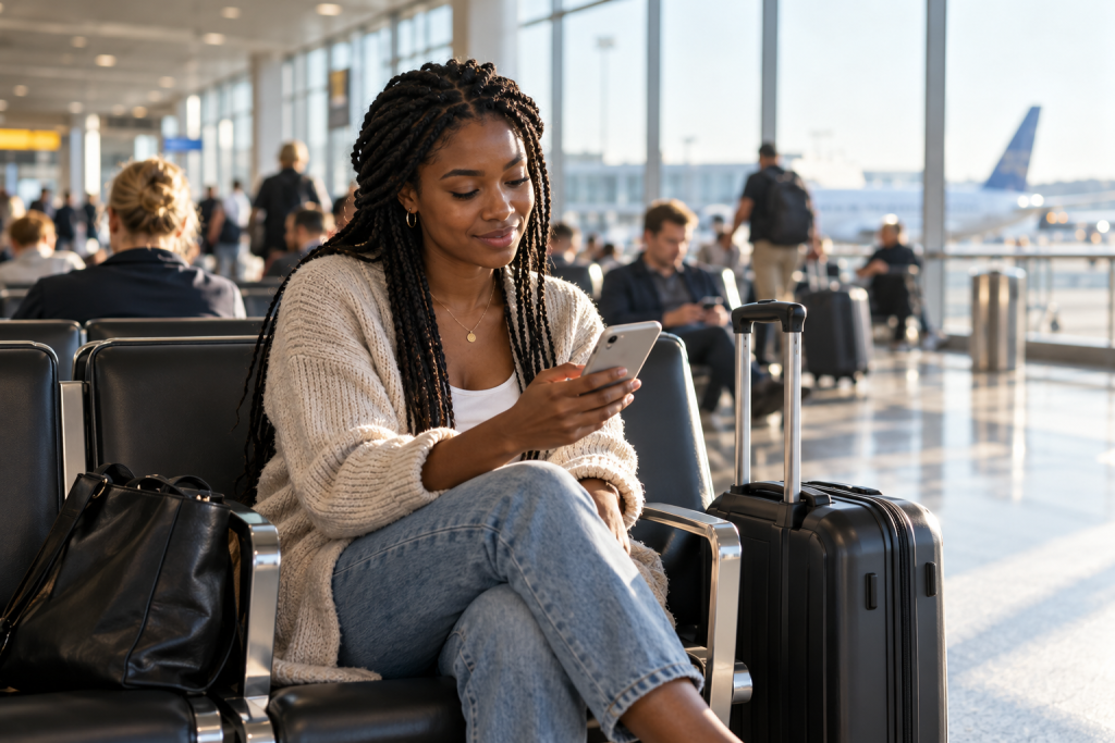 Traveler checking her phone beside luggage in a bright airport terminal