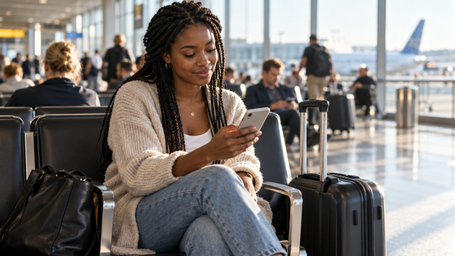 Traveler checking her phone beside luggage in a bright airport terminal