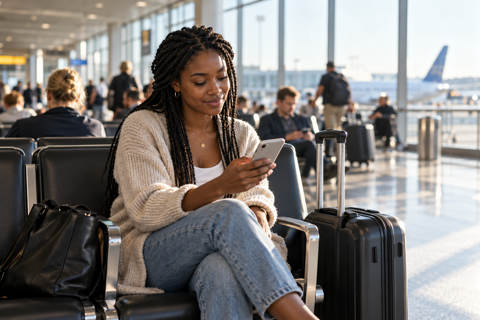 Traveler checking her phone beside luggage in a bright airport terminal
