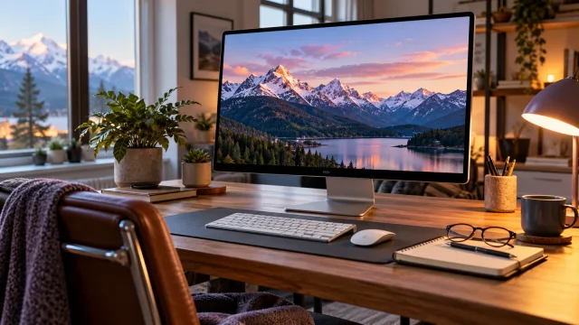 Desktop computer and keyboard in a naturally lit home office