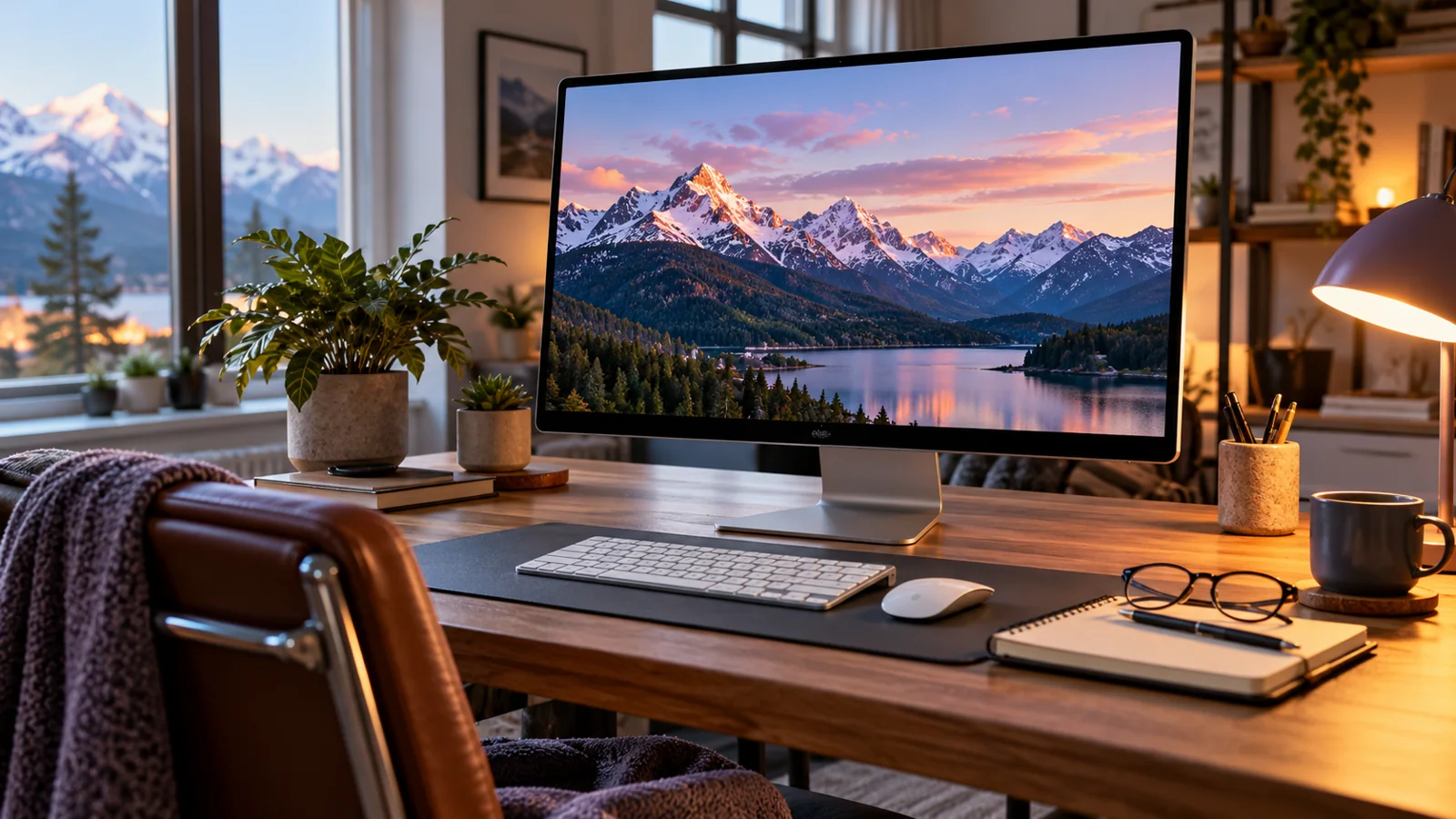 Desktop computer and keyboard in a naturally lit home office
