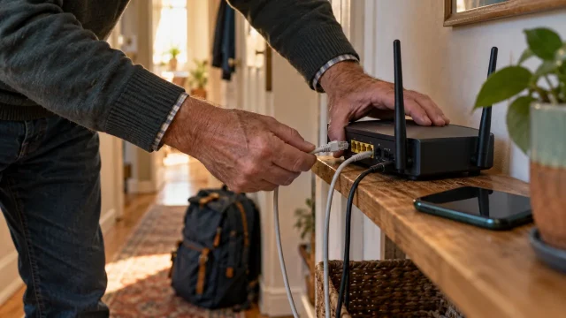 Hands disconnecting an Ethernet cable from a home router; illustrative scene about replacing a closed VPN service