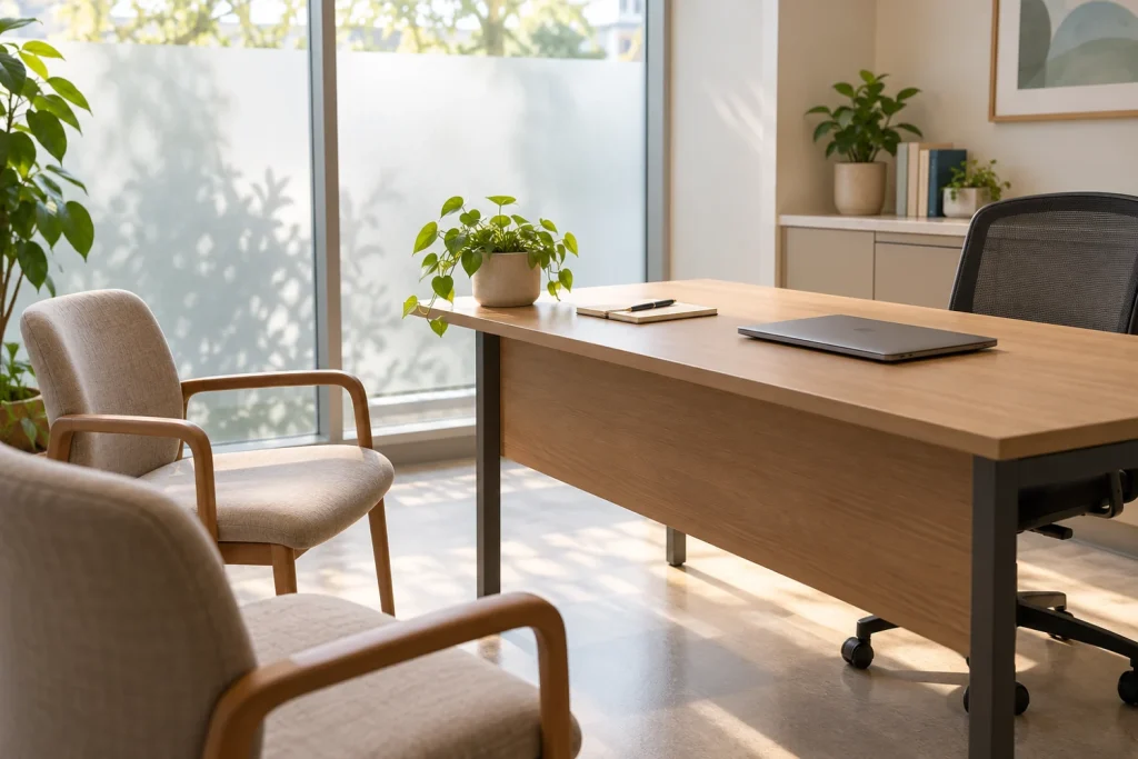 Empty consultation room with chairs, closed laptop and paper notebook; AI-generated conceptual illustration, not a real clinic, patient or event