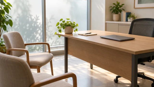 Empty consultation room with chairs, closed laptop and paper notebook; AI-generated conceptual illustration, not a real clinic, patient or event
