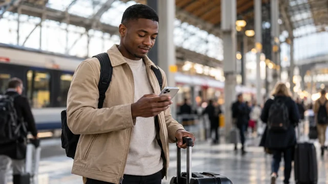 Black male traveler using a smartphone in a railway station