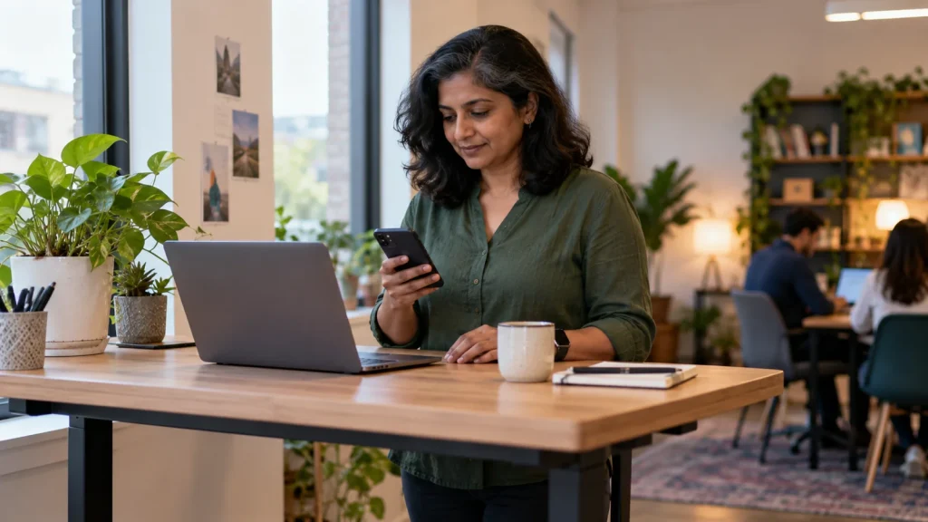 A middle-aged South Asian woman at a bright standing desk checking a smartphone beside an open unbranded laptop; AI-generated editorial illustration