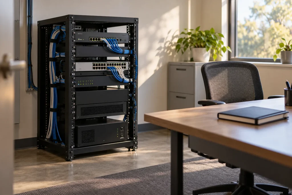Unbranded office network rack beside an empty chair and maintenance notebook; AI-generated conceptual illustration, not an actual Cisco product, incident or test