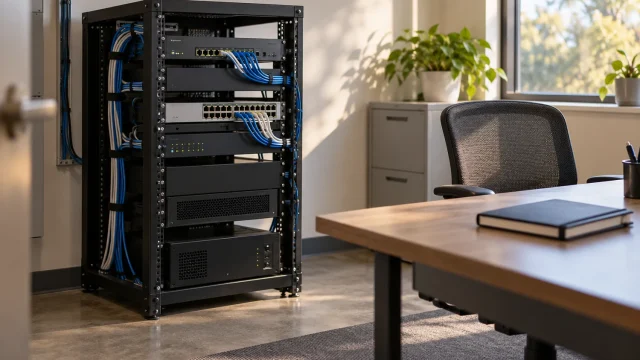 Unbranded office network rack beside an empty chair and maintenance notebook; AI-generated conceptual illustration, not an actual Cisco product, incident or test