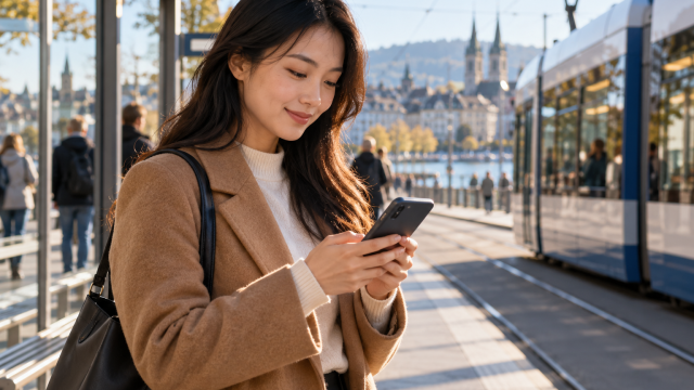 A commuter checking her smartphone at a tram stop in morning light