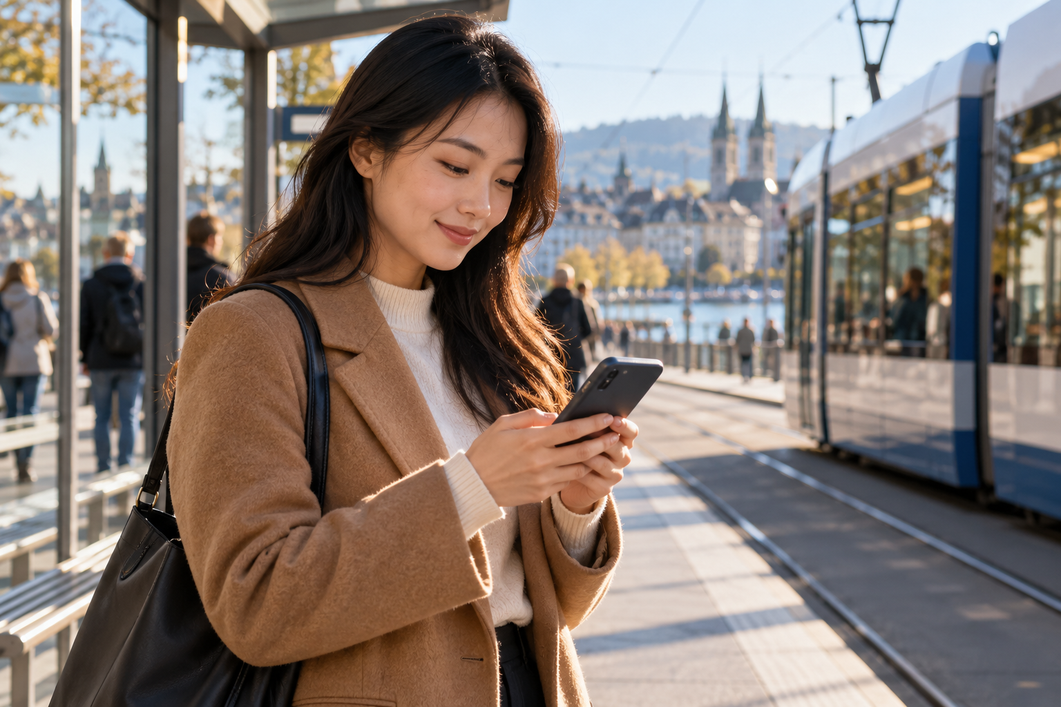 A commuter checking her smartphone at a tram stop in morning light