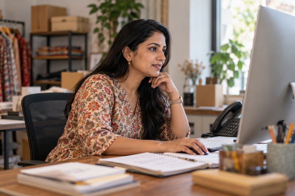 A small business owner at her office desktop with notebooks and a desk phone