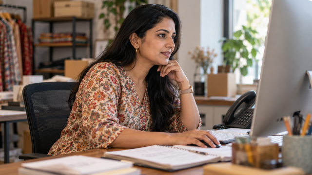 A small business owner at her office desktop with notebooks and a desk phone