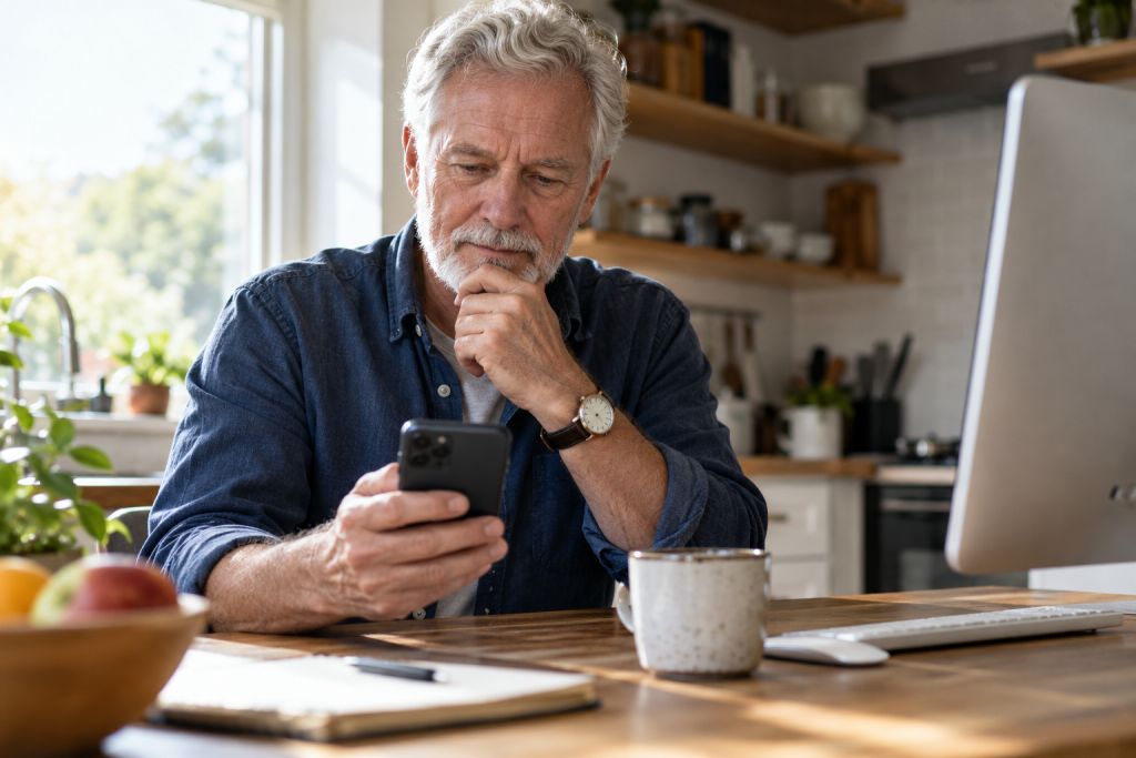 An older man checking a smartphone beside a desktop computer at a kitchen table