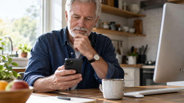 An older man checking a smartphone beside a desktop computer at a kitchen table