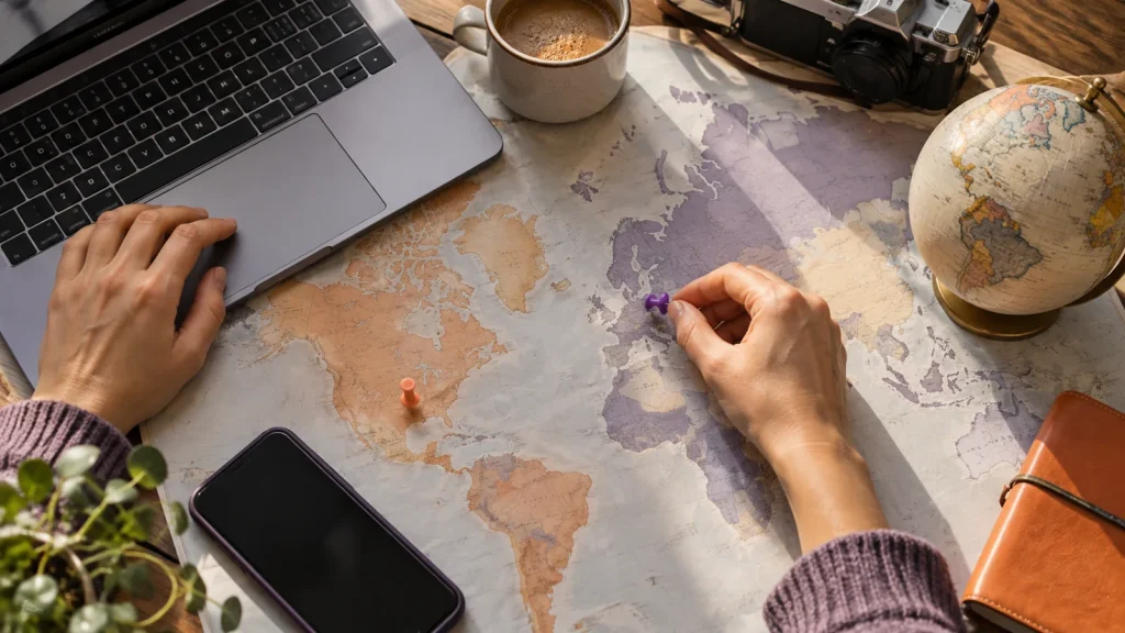 Laptop, phone, globe and location pins arranged on an unlabeled map