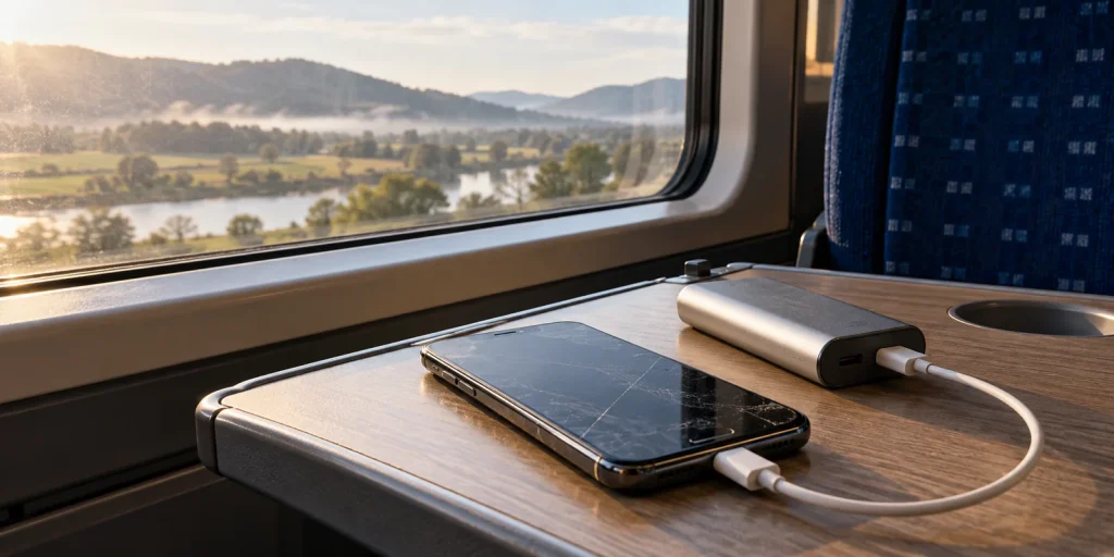 Close-up of a worn modern smartphone, a small power bank and charging cable on a train tray table; AI-generated editorial illustration