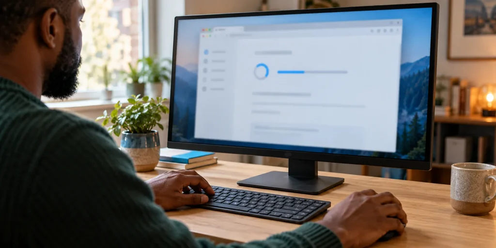 Man at a desktop monitor showing an intentionally blurred generic software update window in a naturally lit home; AI-generated editorial illustration