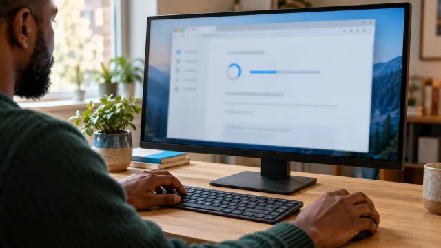 Man at a desktop monitor showing an intentionally blurred generic software update window in a naturally lit home; AI-generated editorial illustration