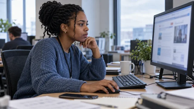IT technician checking a desktop browser in a shared office; illustrative browser security update scene