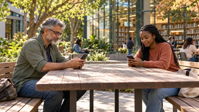 Two adults using smartphones in a sunlit library courtyard; illustrative everyday digital privacy scene