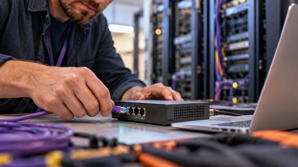 Hand connecting an ethernet cable to a gateway beside a laptop