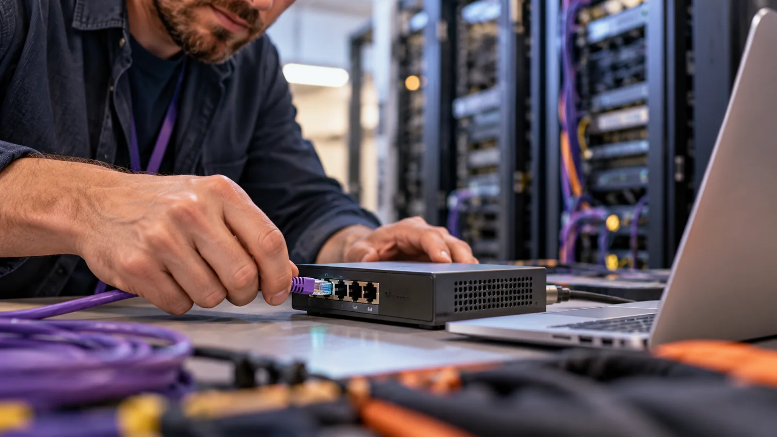 Hand connecting an ethernet cable to a gateway beside a laptop