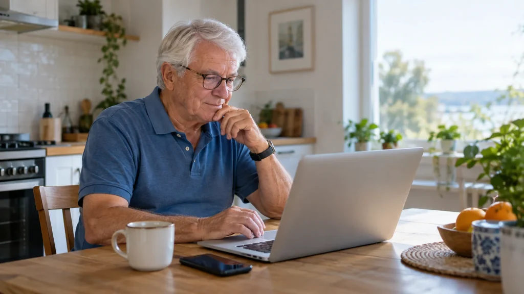 Older man learning to use a laptop and smartphone at a kitchen table