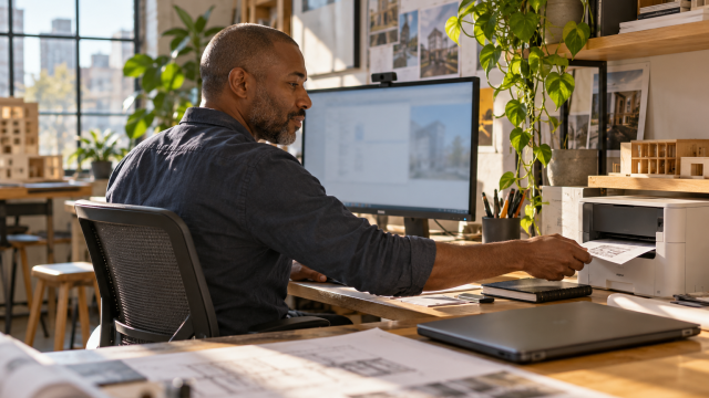 A designer at a desktop workstation near a local printer in a sunlit studio