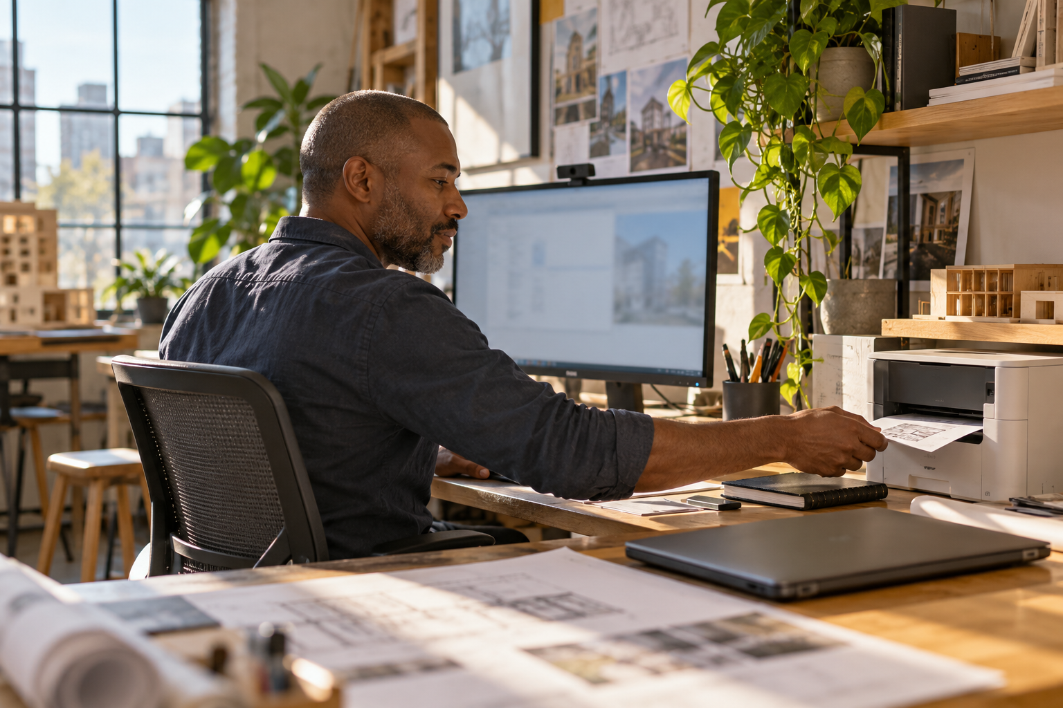 A designer at a desktop workstation near a local printer in a sunlit studio