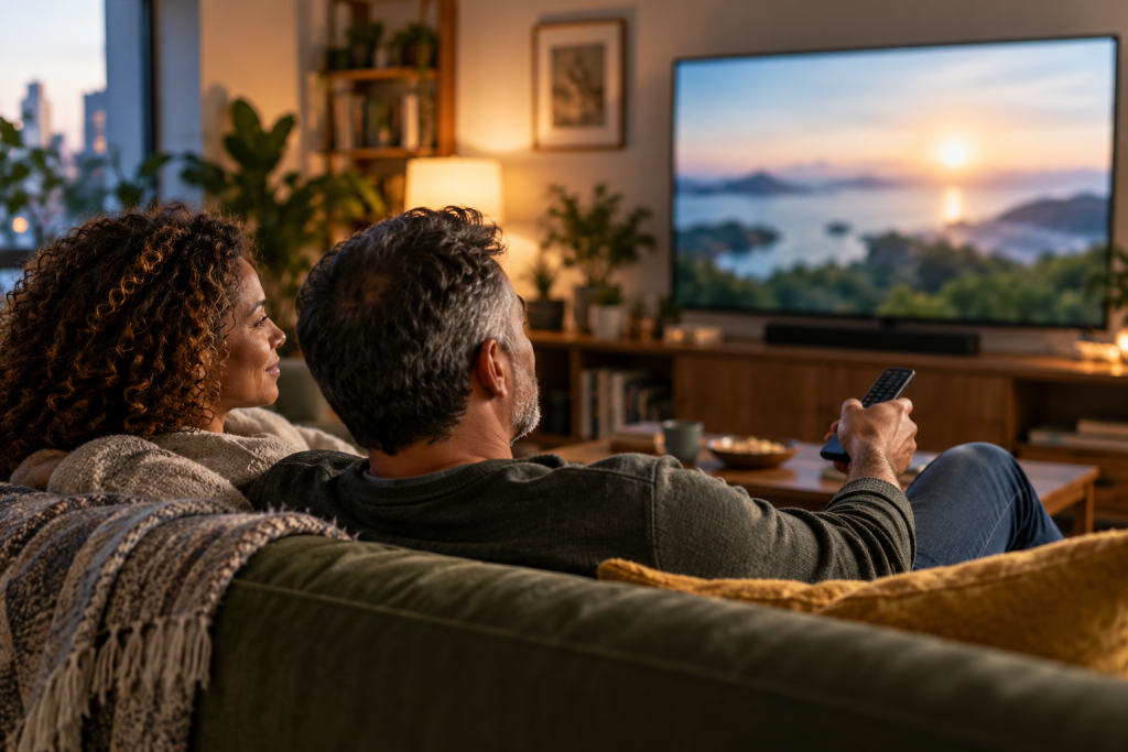 A couple watching a television from their sofa in a lived-in apartment