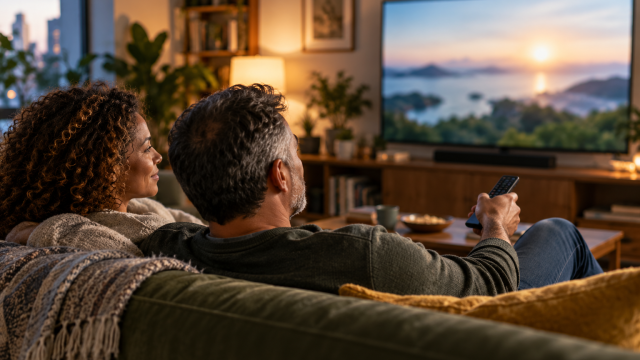 A couple watching a television from their sofa in a lived-in apartment