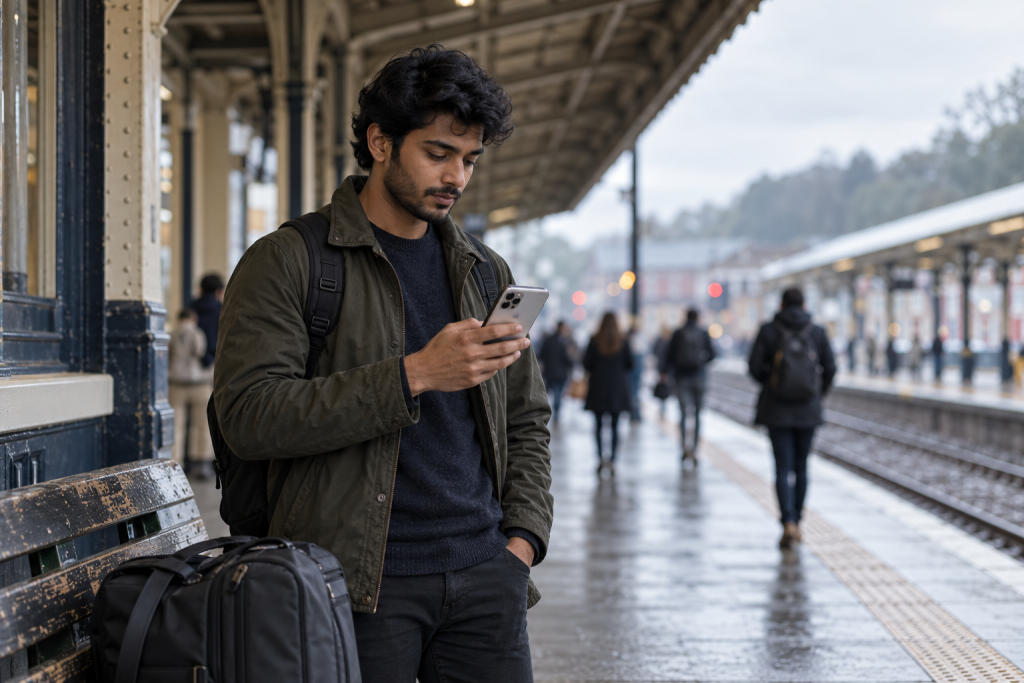 A traveler checking an iPhone under a railway station canopy