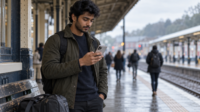 A traveler checking an iPhone under a railway station canopy