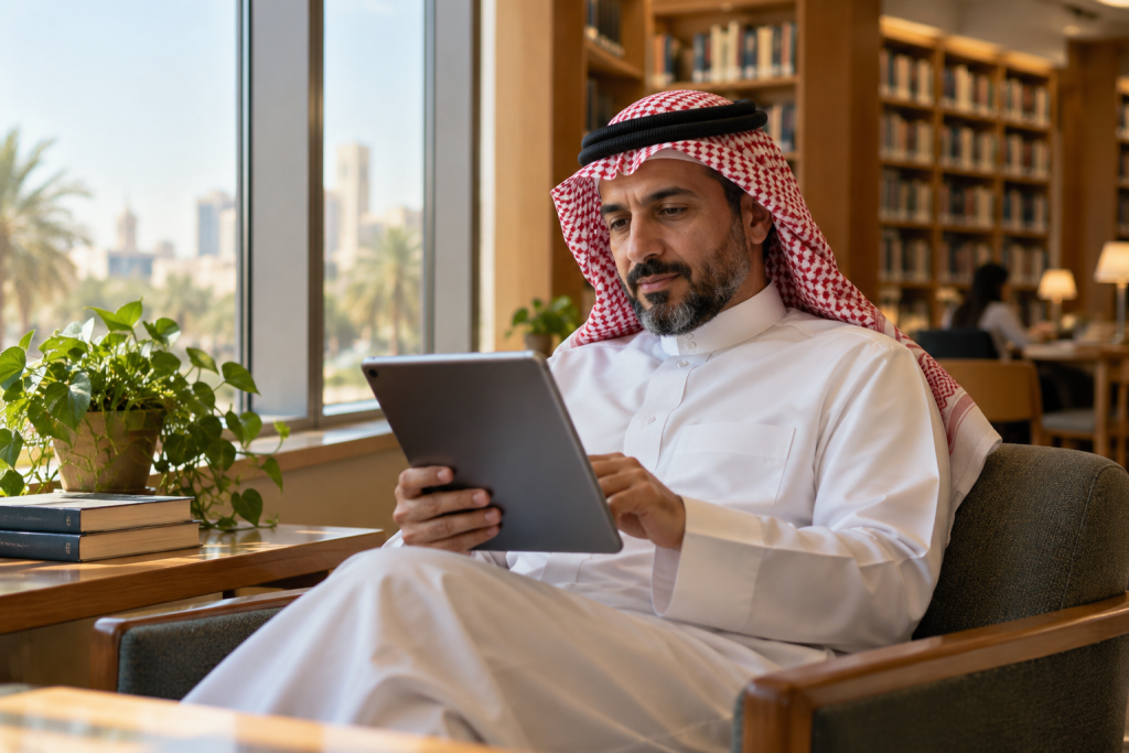 A reader using a tablet beside the window in a quiet library